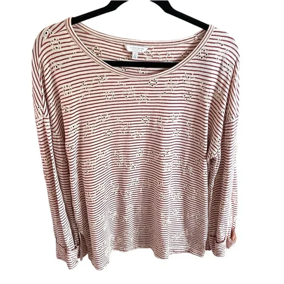 Lucky Brand Striped Red and White Cuffed Sleeve Tunic/ top. Eyelet Pattern. L - Picture 3 of 13